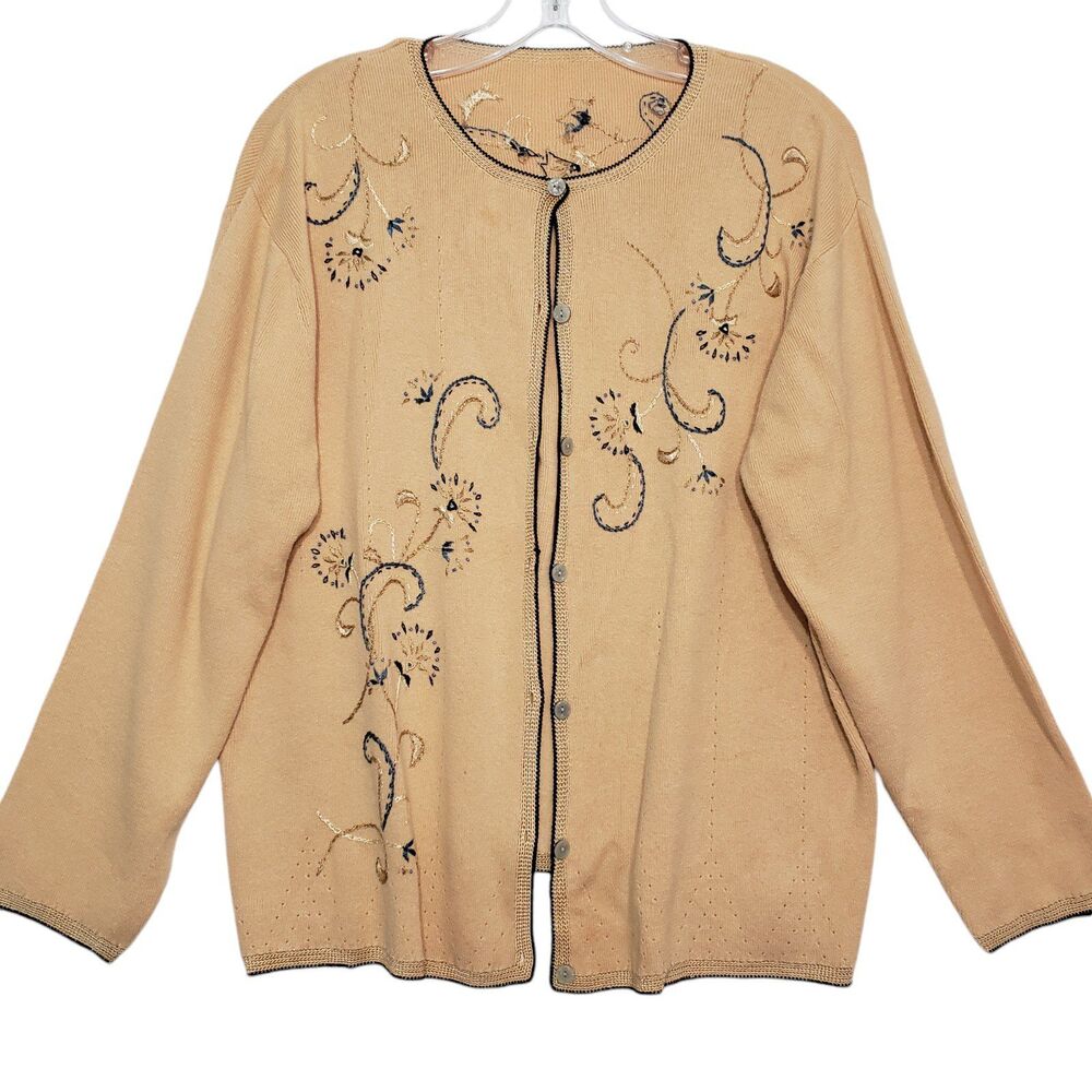 Beautiful quality Embroidered Yellow / Tan Cardigan Button Front Sweater, Large